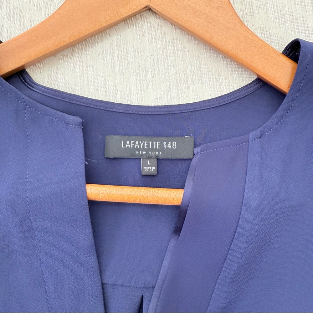 Lafayette 148 New York 100% Silk Split V Neck Navy Blue Women's Blouse Size L - Picture 3 of 6